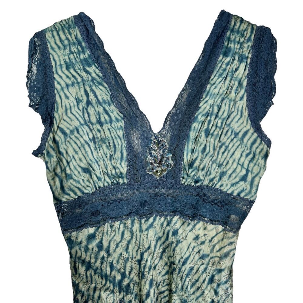 Vintage Y2K Tie Dye Embellished Silk Slip Dress Medium Blue Beaded 2000s Lace - Picture 2 of 9